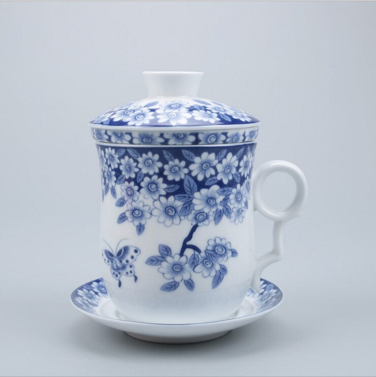Cuatro juegos de tazas de té de cerámica filtrada, tazas de té y tazas de beber decoración de granja Gaiwan decoración de la habitación de porcelana azul: F
