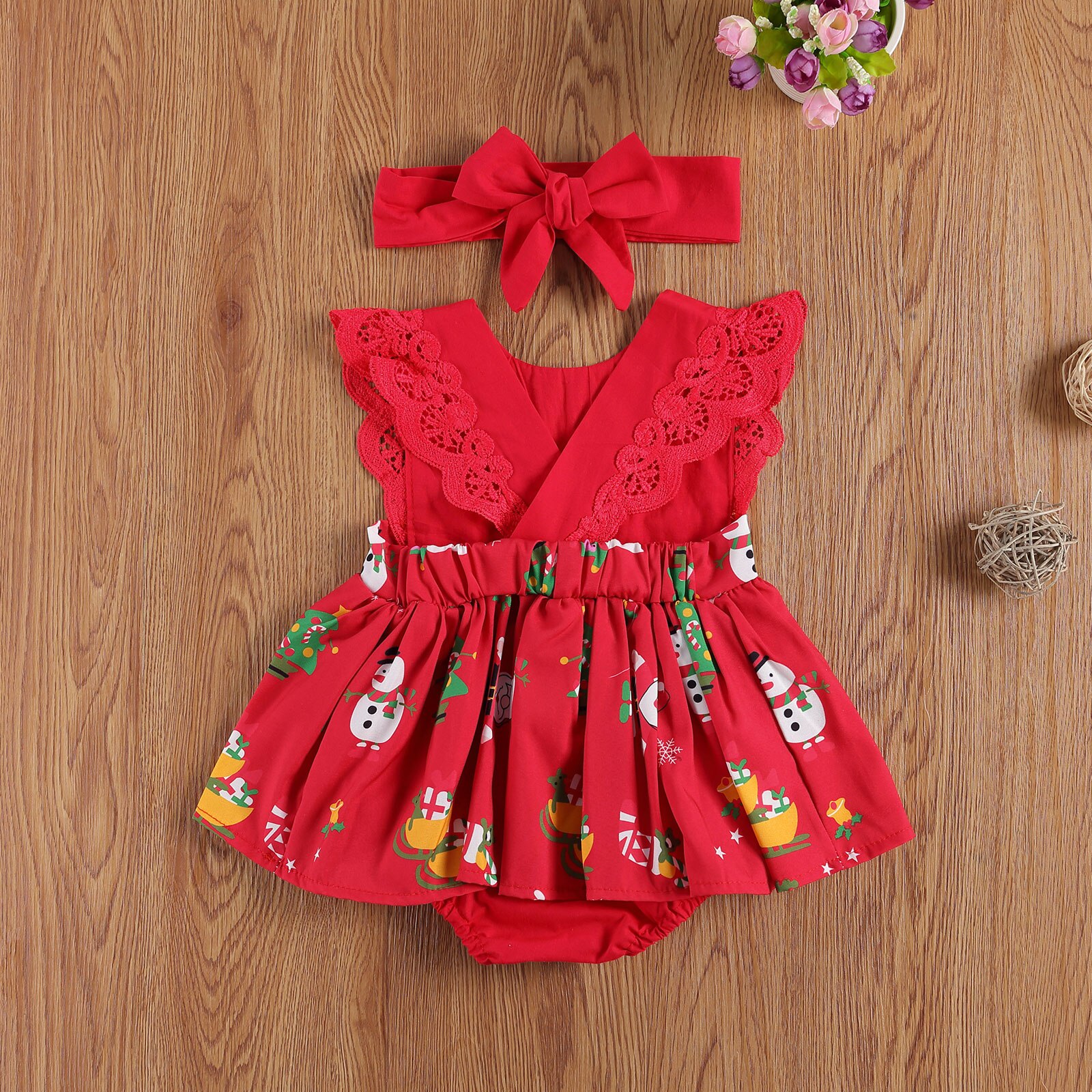 FOCUSNORM Christmas Infant Baby Girls Boys Bodysuits Dress Lace Ruffles Short Sleeve Cartoon Print Jumpsuits Headband 0-24M