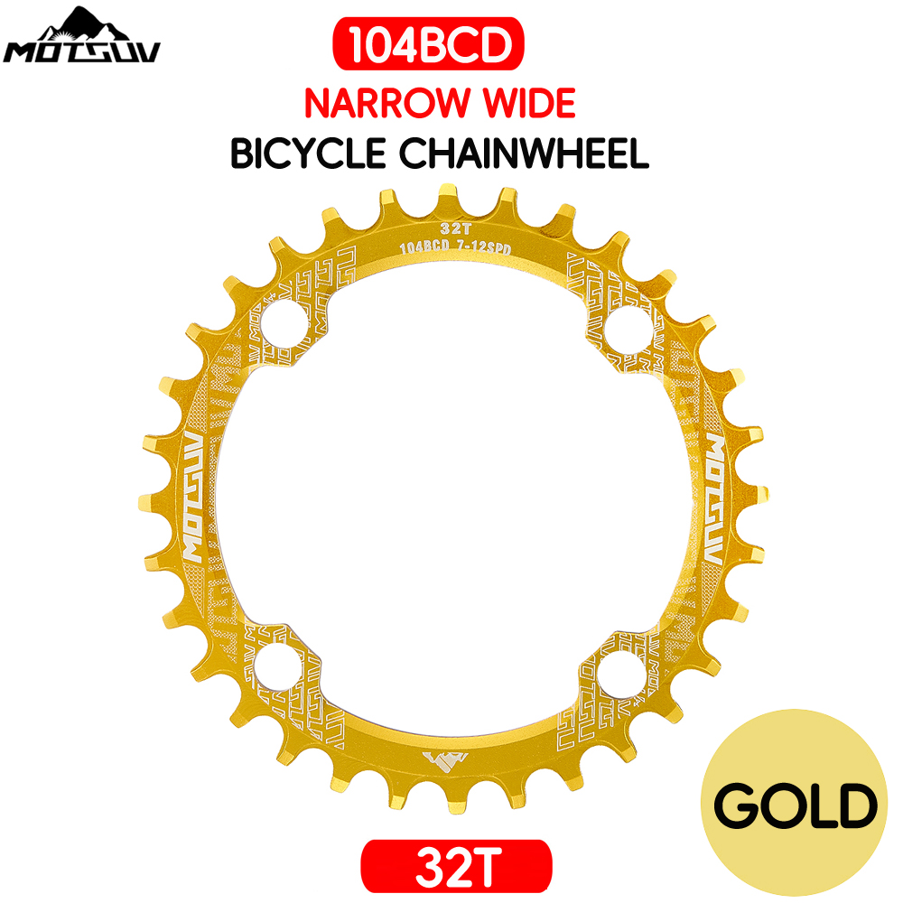 Manivela redonda para bicicleta, rueda de cadena angosta y ancha de placa única con forma redonda MTB 104BCD, 32T/34T/36T/38T