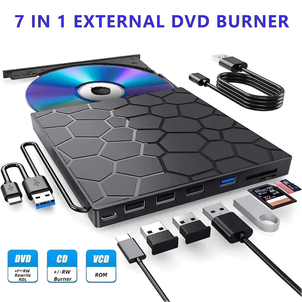 Portable CD Players 7 in 1 External CD RW DVD Optical Drives USB 3.0 Type C DVD Burner Reader for PC Desktop Mac Windows Linux