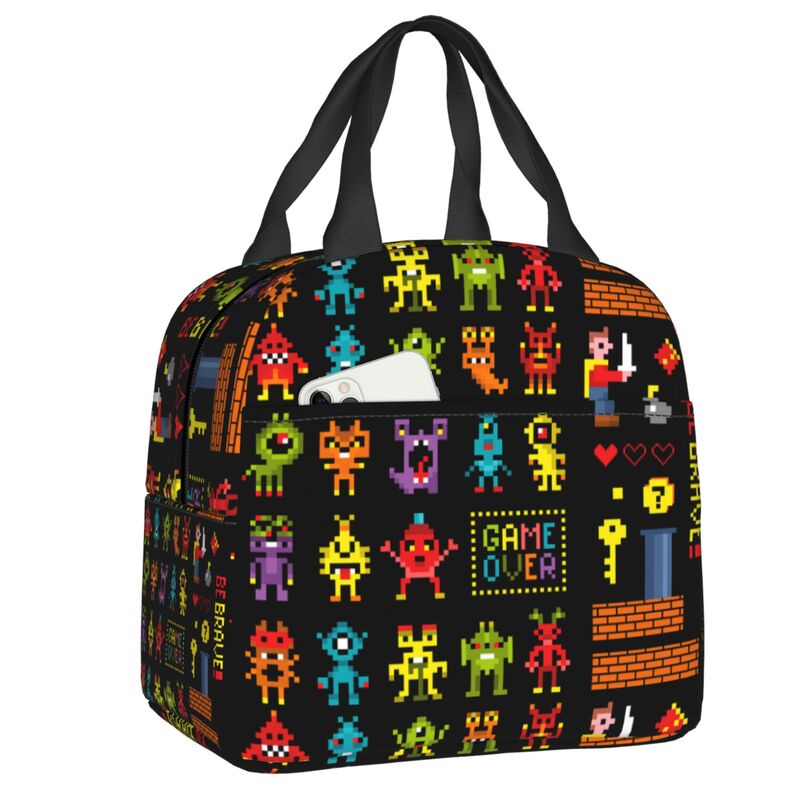Classic Video Arcade Game Collage Insulated Lunch Bag Reusable Cooler Thermal Lunch Box Women Children Food Container Tote Bags: Dark Grey