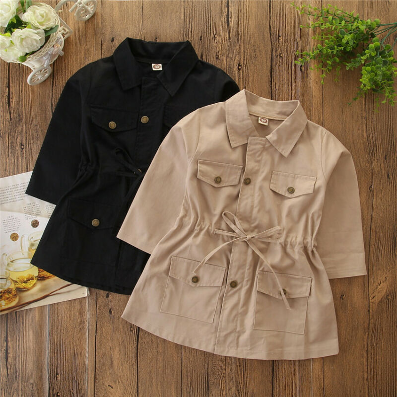 Gabardina Safari con bolsillo y cordón para bebé, traje de manga larga con cuello vuelto y botones, ropa de otoño para niñas pequeñas con solapa de doble botonadura