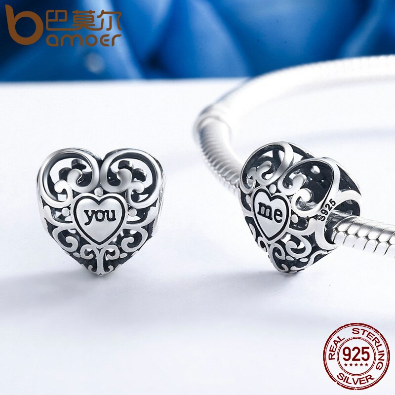 BAMOER Romantic Real 925 Sterling Silver Openwork You & Me Flower Leaf Beads fit Charm Bracelet & Bangle DIY Jewelry SCC145