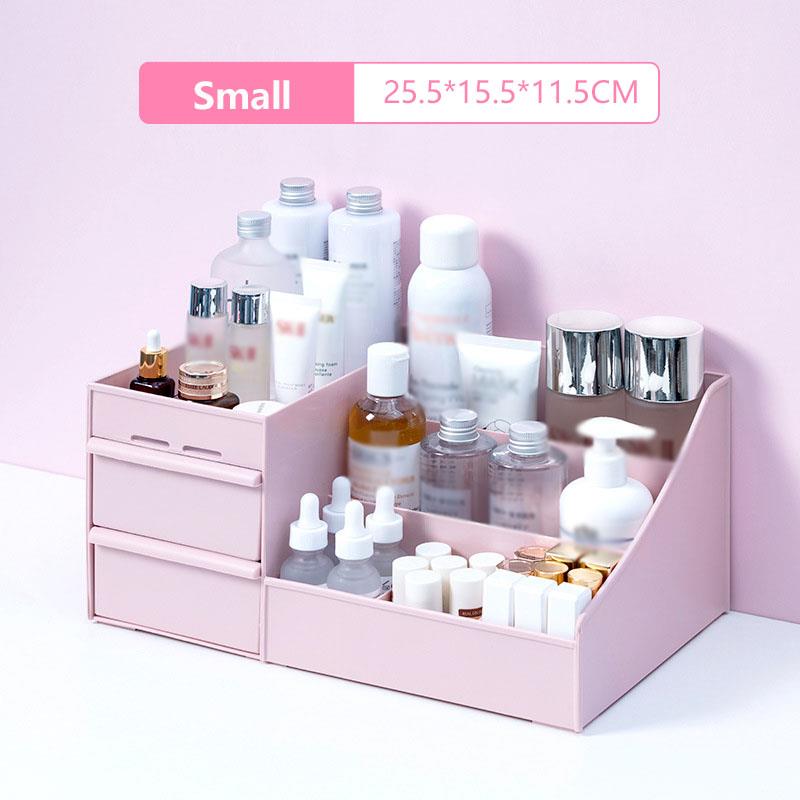 Pojemny organizer na przybory robić makijażu, pudełko na kosmetyki, pojemnik stołowy z szufladkami, na lakiery robić paznokci, biżuteria: mały-różowy