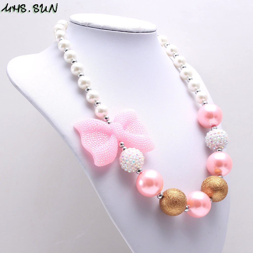 Mhs. Zon Schattige Baby Meisjes Roze Strik Ketting Kids Chunky Kralen Ketting Handgemaakte Bubblegum Sieraden Voor Kind Speelgoed