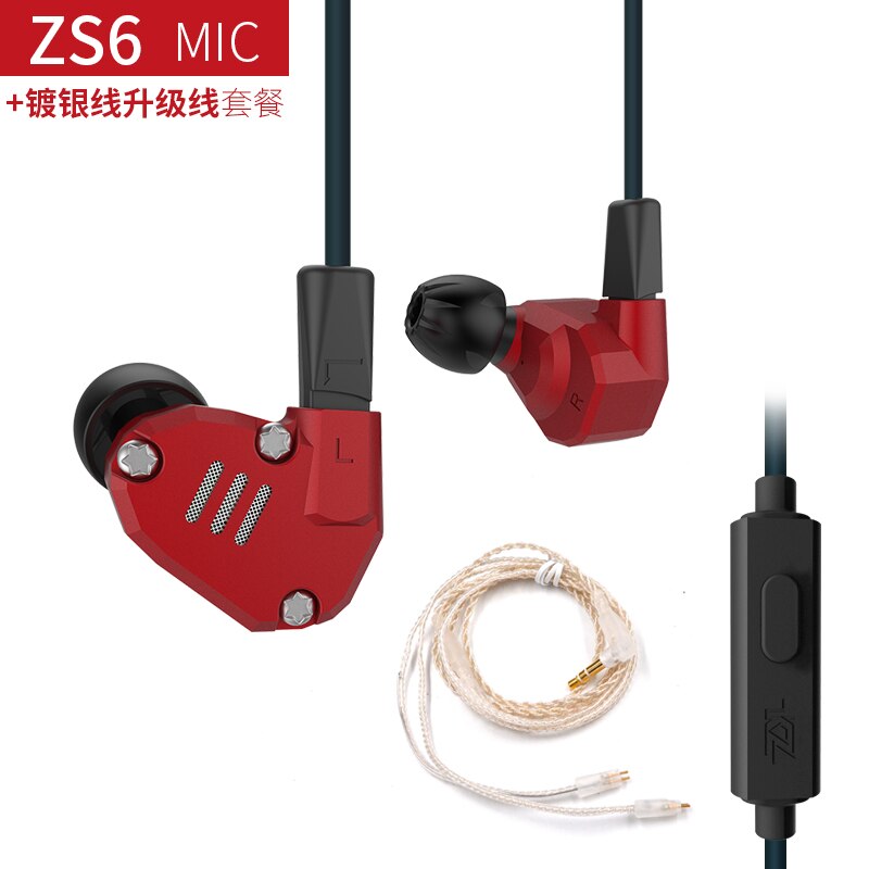 AK KZ ZS6 2DD+2BA Hybrid In Ear Earphone HIFI DJ Monito Running Sport Earphones Earplug Headset Earbud KZ AS10 ZST ZS10 AS16 ZS7: red with mic silver