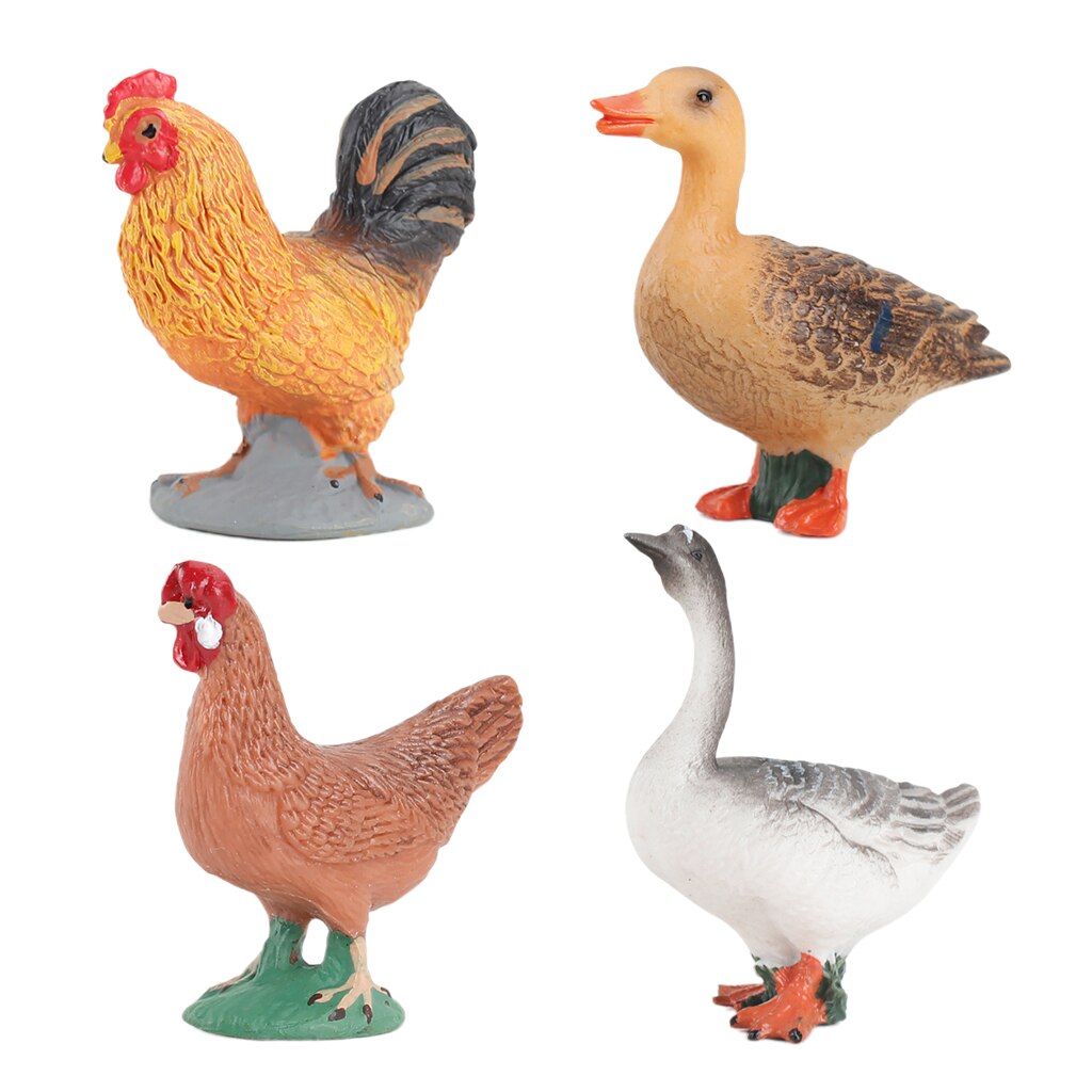 Set of 4 Rooster Duck Goose Farm Animal Model Set Miniatures Statue Toys