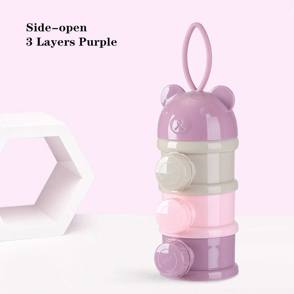 4-capas de comida de bebé caja de almacenamiento portátil de dibujos animados oso lindo recipiente de leche infantil leche en polvo de Toddle caja almacenamiento Snacks: Side-open-Purple-3