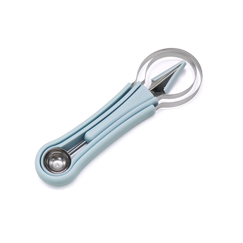 Three-In-One Fruit Cutter Stainless Steel Multi-Purpose Fruit Baller Watermelon Spoon Flesh-Digging Tools Kitchen Accessories: Blue