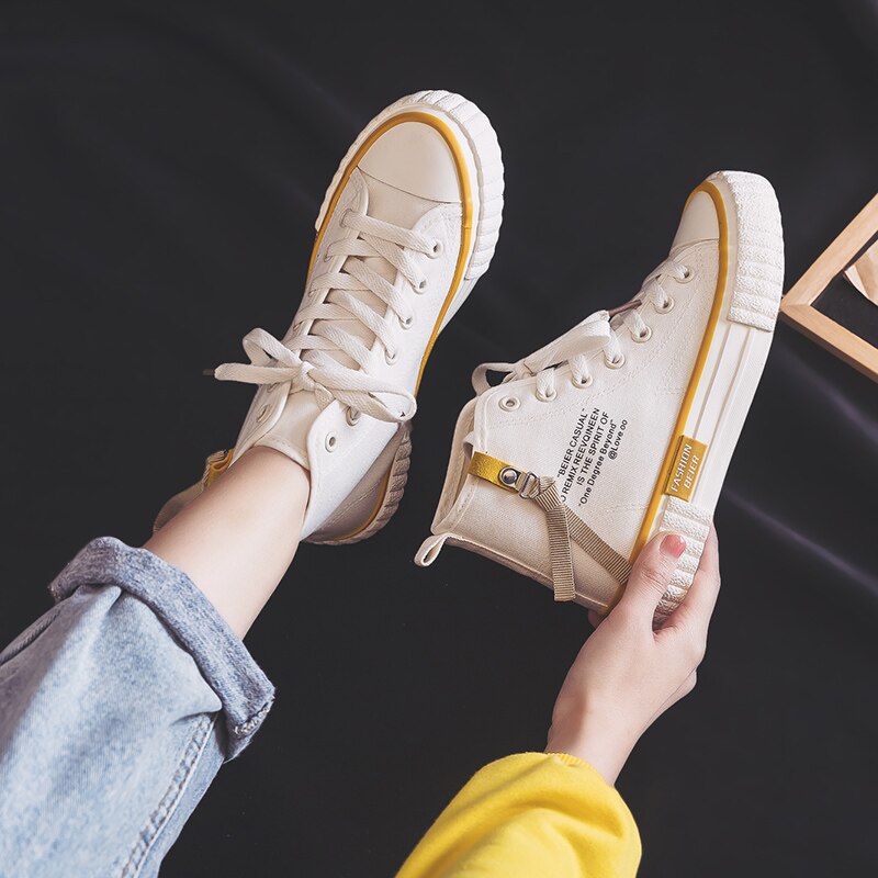 Vrouwen Canvas Schoenen Lente Meisje Casual Schoenen Platte Hak Hoge Top Rits Effen Kleur Sneakers Studenten kaki