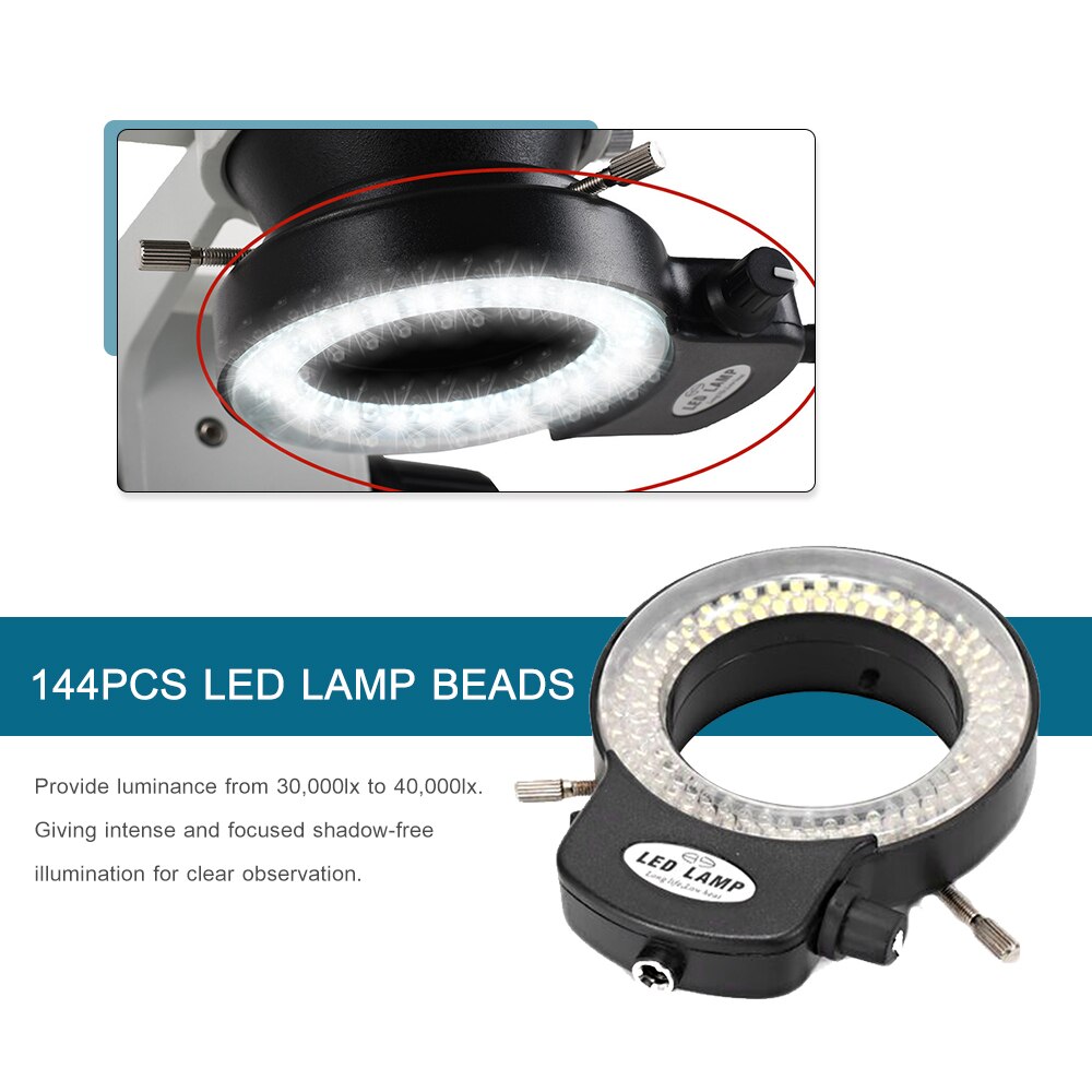 144 LED Ring Light for Stereo Microscope and Camera Adjustable Illuminator with Dimmer for 30-63mm lens Stereoscopic Microscope