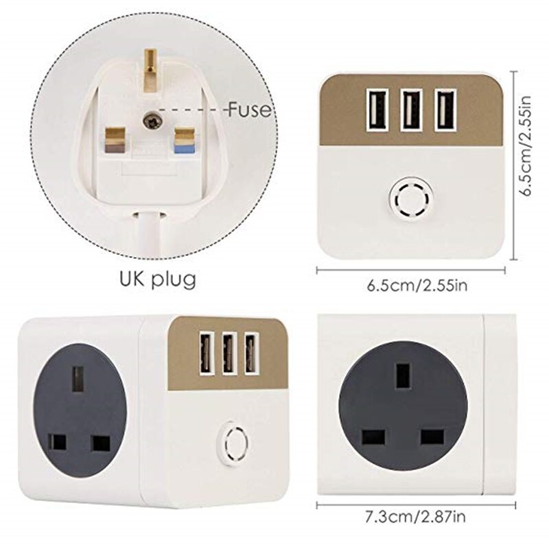 Cube Extension Lead with 3 USB 4 Way Swithed Surge Protected UK Power Socket 2M Extension Cord