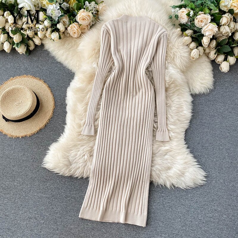 YuooMuoo French Long Slim Single-breasted Knit Long Sleeve Dress Women Autumn and Winter Bodycon Sweater Dress Vestido