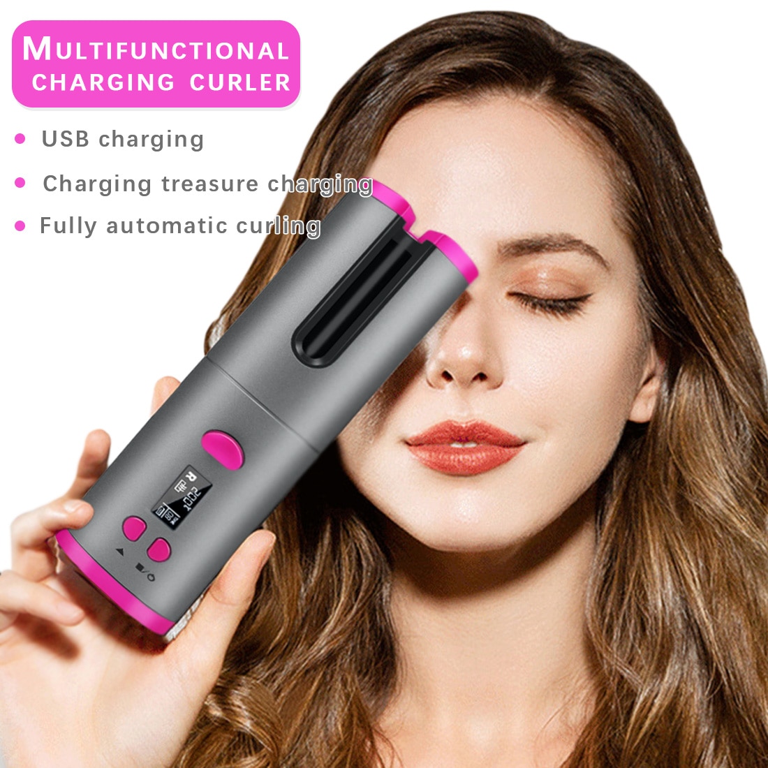 Cordless Auto Rotating Ceramic Hair Curler USB Rechargeable Curling Iron LED Display Temperature Adjustable Hair Straightener