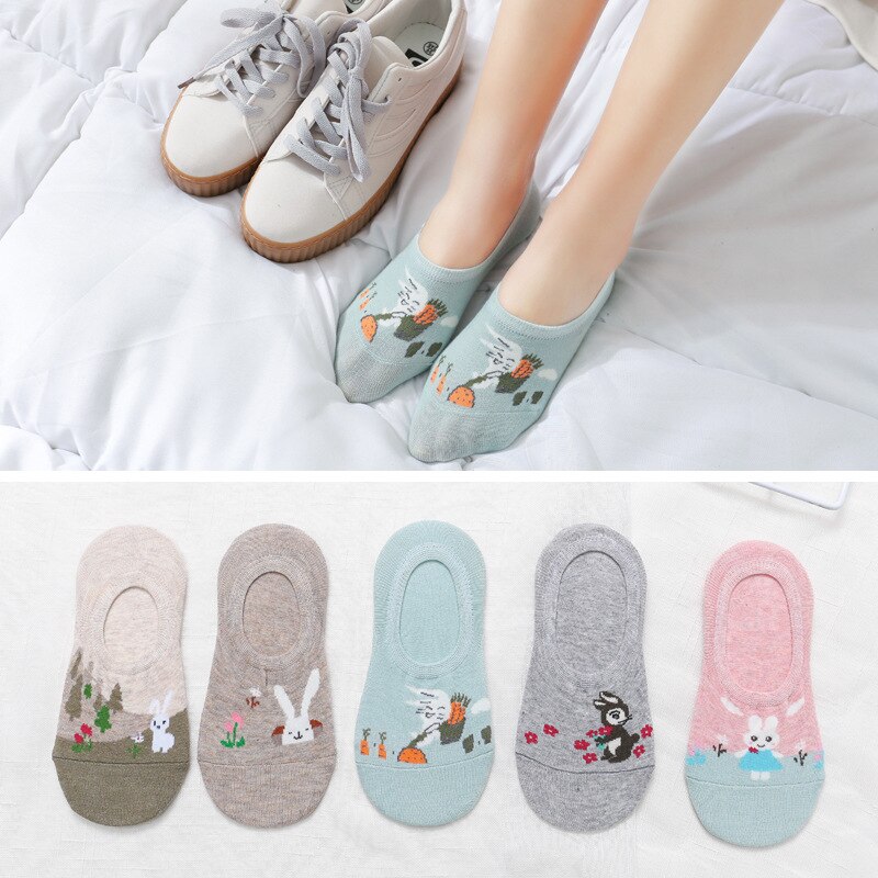 5 pares de pantuflas con medias de algodón para mujer, calcetines cortos invisibles antideslizantes de verano para mujer, calcetines de dibujos animados de animales estampados, divertidos calcetines bonitos: Cartoon rabbit