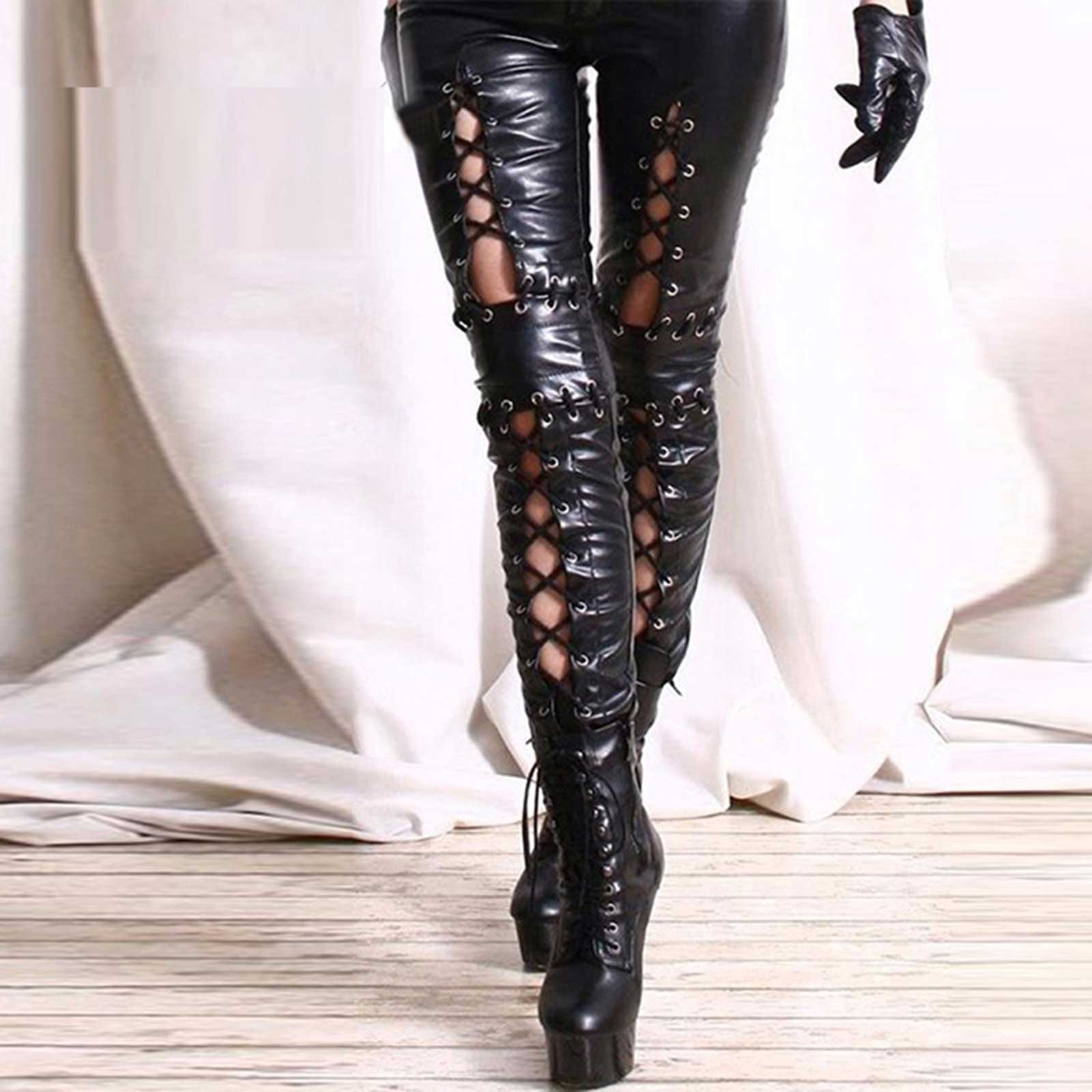 Femmes Punk Rock Faux cuir Leggings gothique évider à lacets crayon pantalon tenue de Club scène Performance pantalon