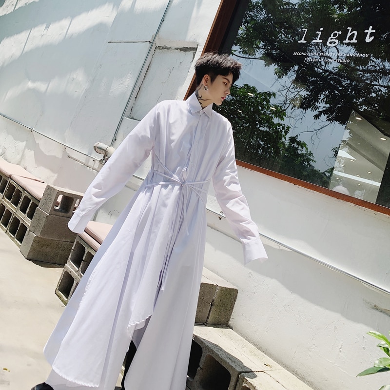 Mannen Lange Mouw Zwart Wit Onregelmatige Touw Shirt Jurk Mannelijke Vrouwen Streetwear Vintage Gothic Lange Stijl Japan Kimono Gewaad Shirt