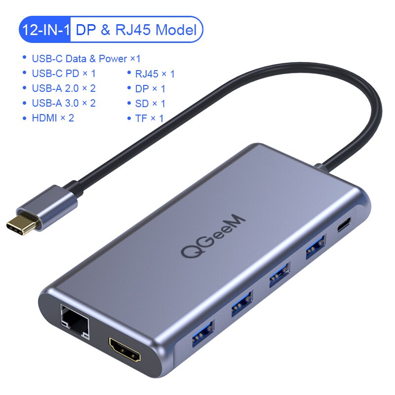 QGeeM USB C Hub voor Macbook Pro Air Triple Display Type C Hub naar Dual 4K HDMI & DP SD Micro SD-kaartlezers RJ45 Aux PD-oplader OTG Multi USB Hub Type C Dock 3.0 Adapter Splitter voor Notebook Laptops PC-accessoires