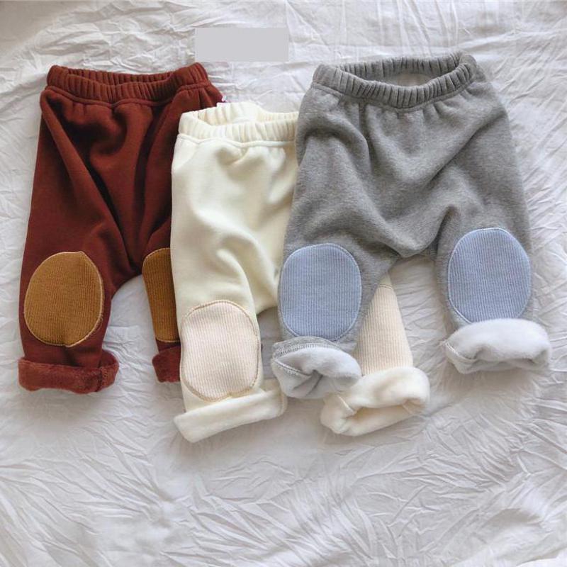 Bébé garçons filles genou Patch pantalon automne hiver Plus velours enfants pur coton Leggings solide enfant en bas âge Pp pantalon