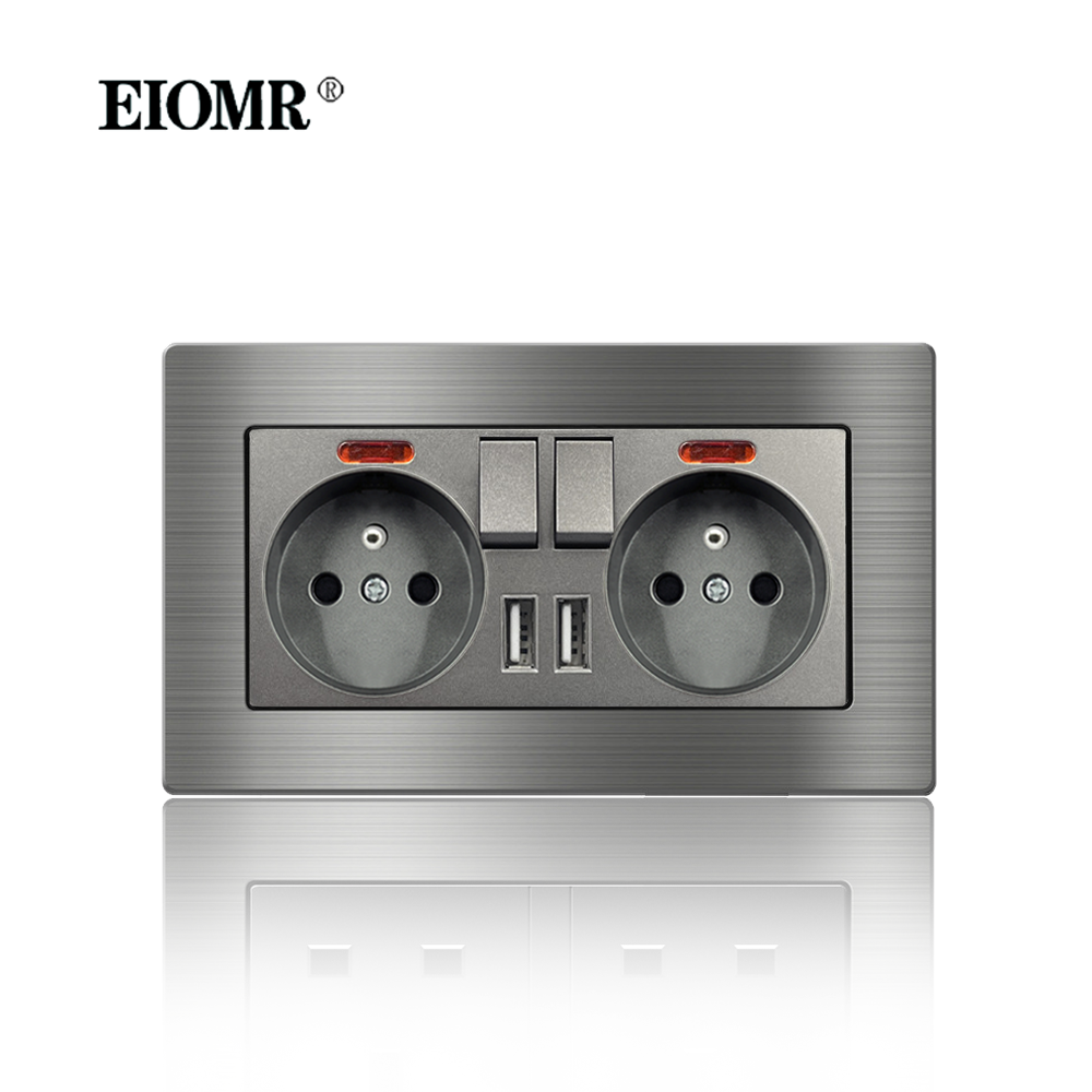 EIOMR France Standard Prise Électrique Gris En Alliage D'aluminium Panneau Interrupteur Rj45 Tv 220V 16A Prises Murales pour Appareil Ménager: Prise de table