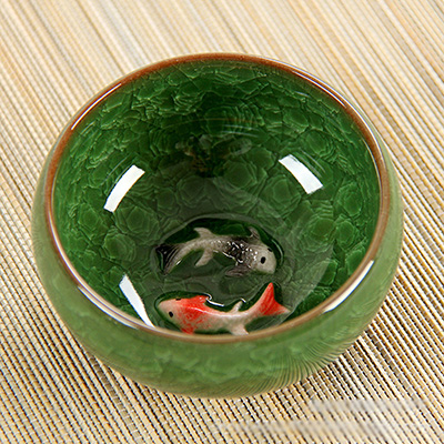 3D Ceramic double Fish China tea Cup,Kung Fu Tea Cup Set Crackle Glaze Travel Tea Bowl Chinese Porcelain Teacup Sets: 01