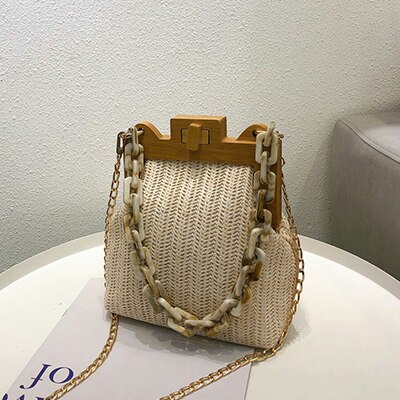 Moda palha tecer clipe de madeira saco de ombro das mulheres luxo acrílico corrente bolsa feminina designer pequena concha bolsa feminina nova