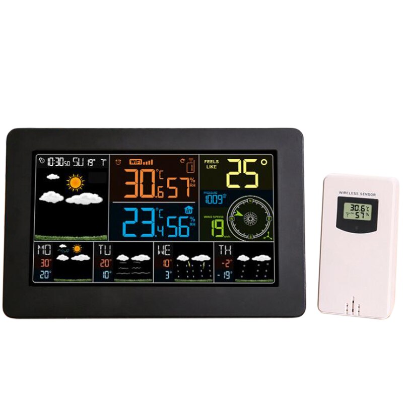Farve wifi vejrstation vejrmonitor indendørs og udendørs temperatur fugtighed tryk vindhastighed: Eu-stik