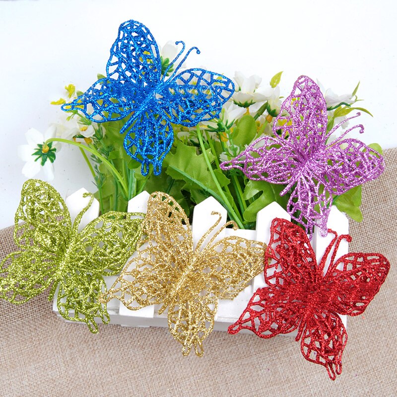 Glitter hul sommerfugl ornamenter farverig kunstig blomst sommerfugl til juletræ bryllupsfest boligindretning forsyninger