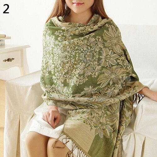 Kvinders retro etniske stil blomstermønster kvaster lang varm vinter forår rejse sjal pashmina tørklæde stor: Grøn