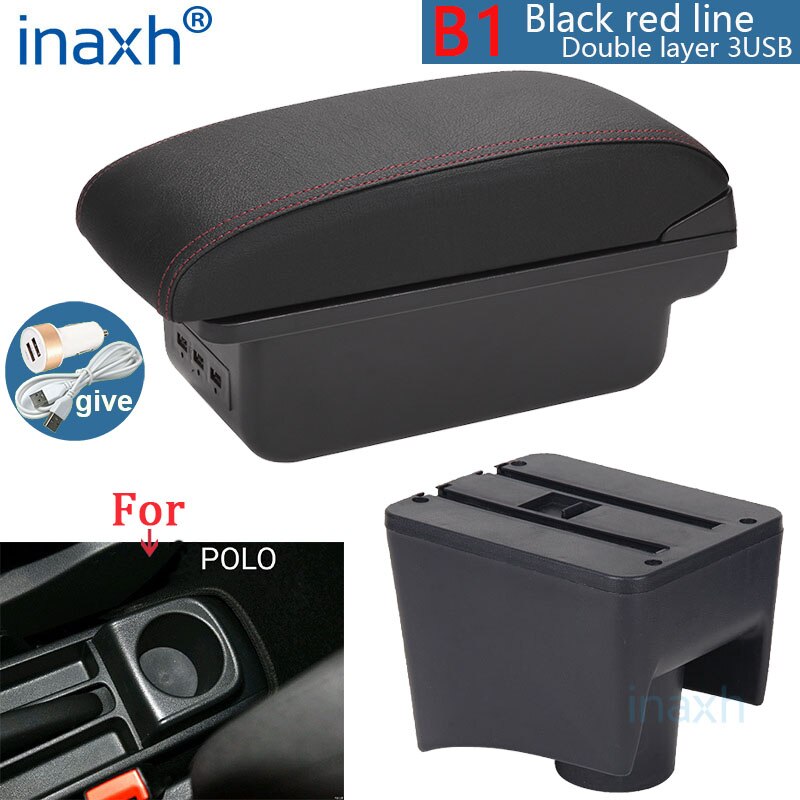 Für Volkswagen Polo Armlehne neue Für VW Polo Mk5 6R Vento Auto Armlehne Kasten Innen Teile Lagerung Kasten Auto Zubehör -2018USB: B1 Schwarz rot 3USB