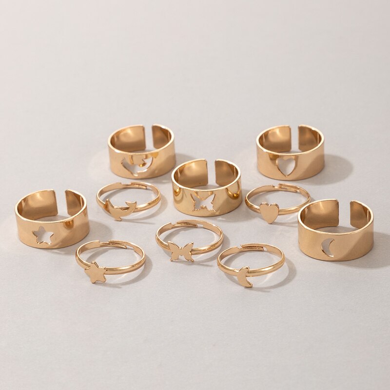 Docona Böhmischen Sterne Mond Bunte Ringe für Frauen Männer Neue modisch Hohl Herz Schmetterling Liebhaber Paar Ring Hochzeit Schmuck: 19634-Gold