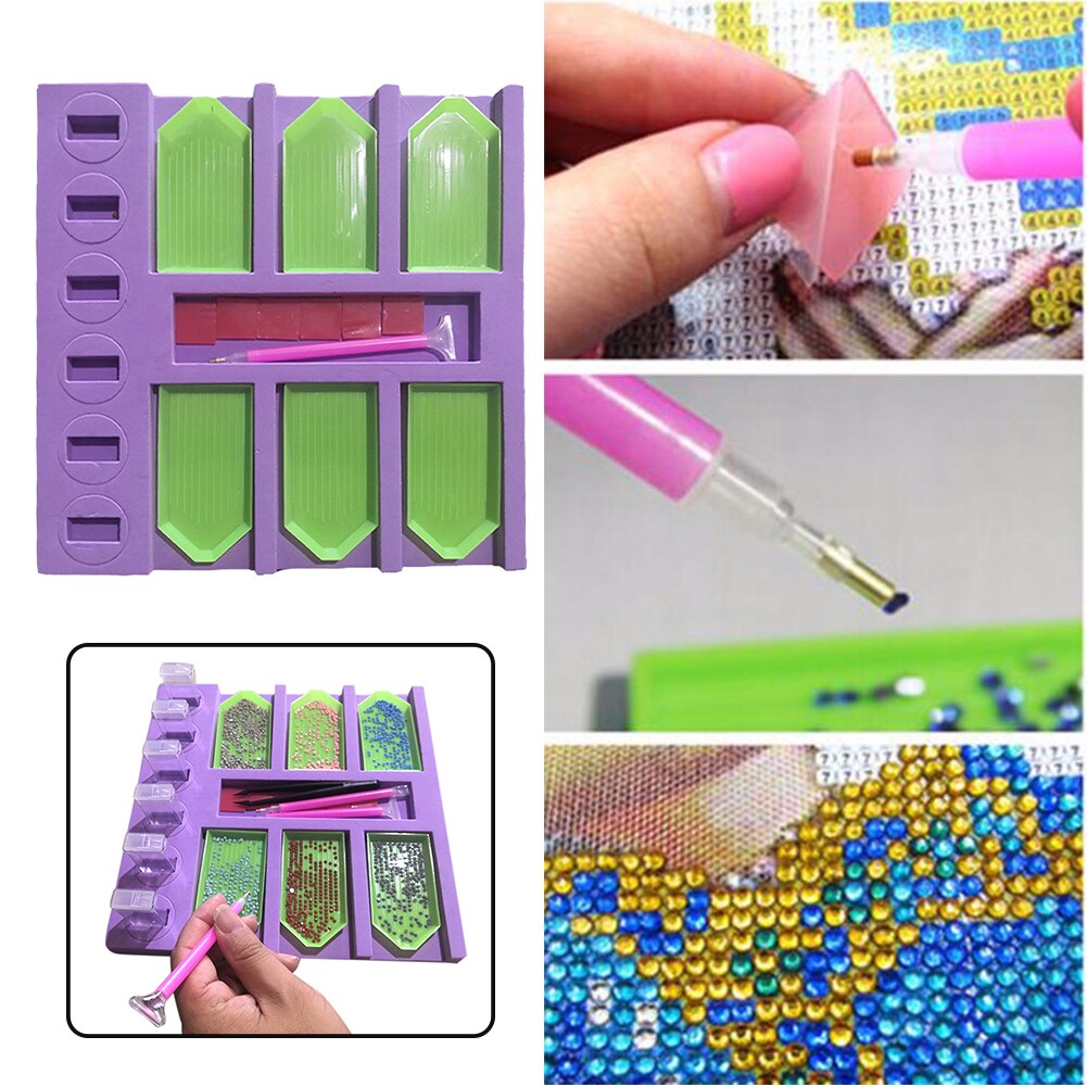14pcs/set 6 Grids With Sticky Pen Diamond Painting Storage Bracket DIY Craft Tray Display Sponge Organizer Art Beads Container