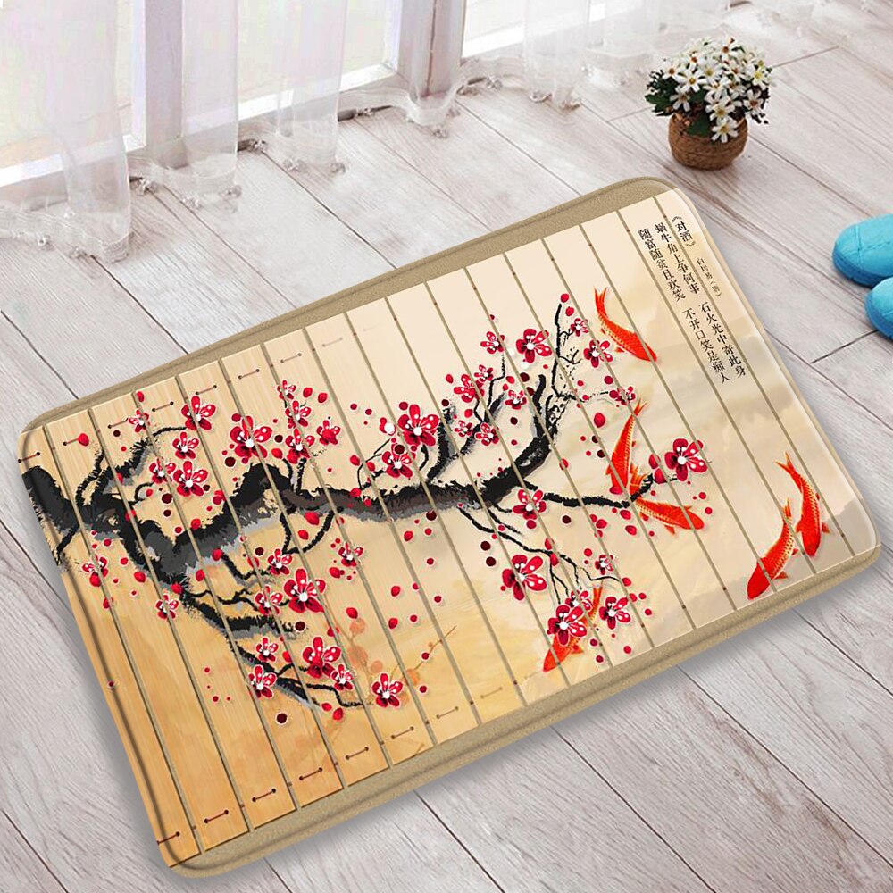 3Pcs Set Chinese Style Red Plum Fish Bamboo Printing Bath Mat Bedroom Kitchen Non-Slip Carpet Toilet Cover Rug Shower Room Decor: DD-60974J / 45x75cm-17.7x29.5in