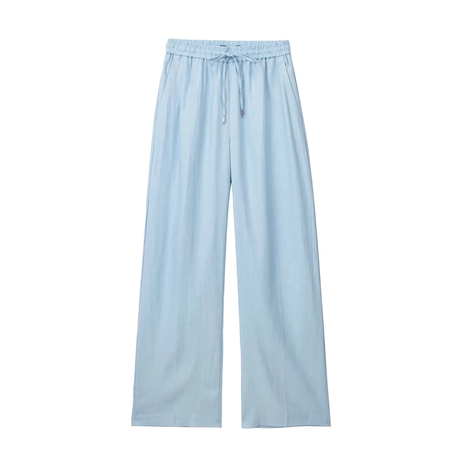Summer Thin Linen Women Pants Drawstring High Waisted Side Pockets Full Length Straight Pant Female Trousers: XS / SKY BLUE
