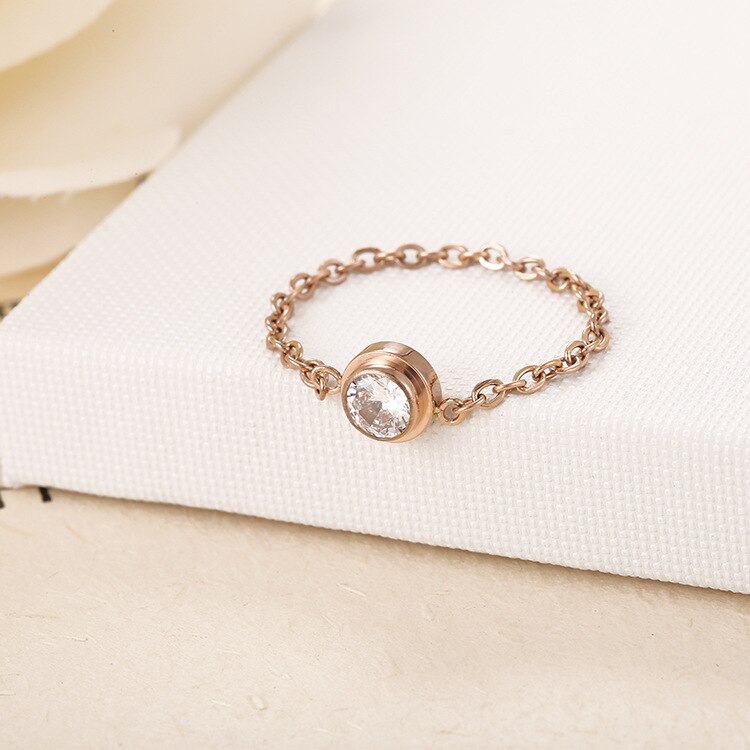 BOBOTUU Titanium Steel Single Cubic Zirconia Chain Ring Classic Rose Gold Color Wedding Rings For Women Anneau BR19165