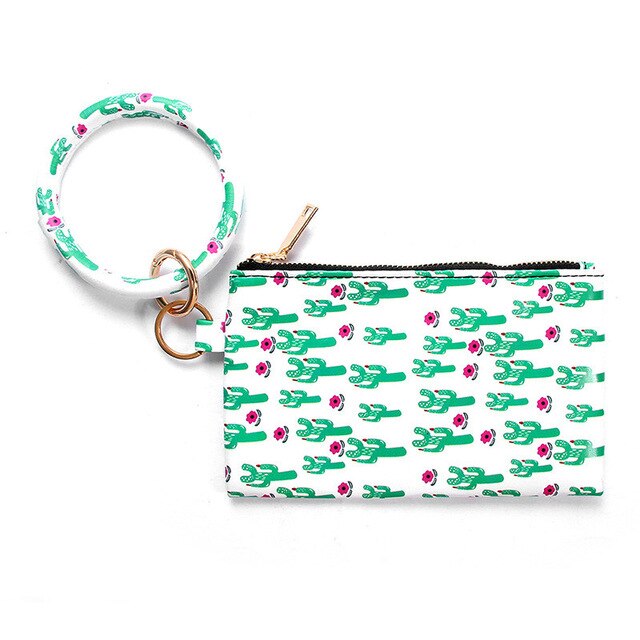 Multi-purpose Pu Leather Flower Leopard Printed Phone Wallet O Key Rings Women Wristlet Bracelets Key Chain: K