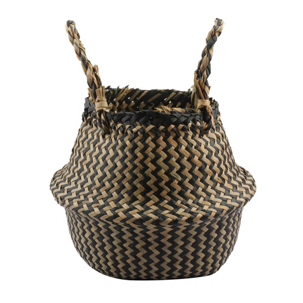 Sammenleggbar stråkurv råtnende sjøgressplante blomsterpotter håndtak hageplanter skittentøyspose leketøy mangfoldig arrangør: L / Svart