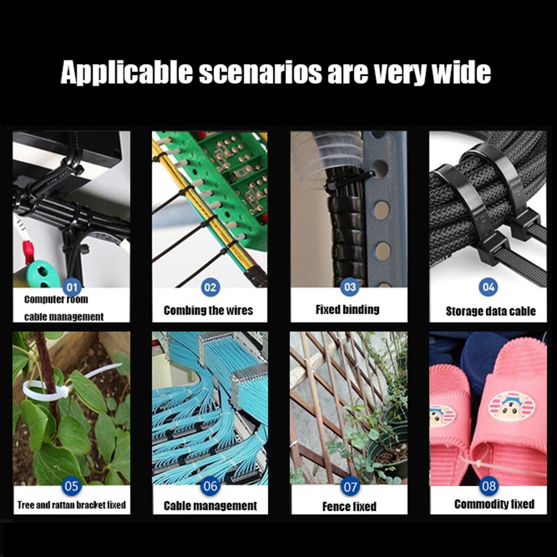Black and White Self-locking Nylon Cable Ties Plastic Cable Ties 3*100*3*200 Industrial Cable Ties Fixing Ring 200pcs