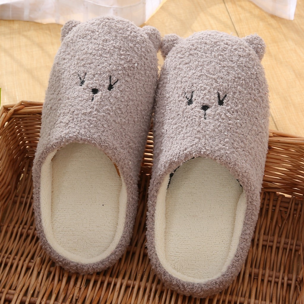 Vrouwen Leuke Cartoon Beer Slippers Winter Warm Flock Slaapkamer Slipper Indoor Platte Schoenen Zachte Pluche Slippers Zapatos De Mujer FN55