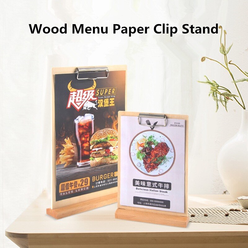 A5 Wood Menu Paper Clip Board Display Stand Menu Paper Poster Picture Photo Sign Holder Stand