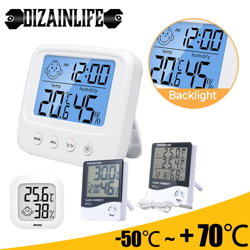 Digital LCD Temperature and Humidity Meter Indoor Outdoor Electronic Thermometer Hygrometer Humidity Gauge with Weather Clock