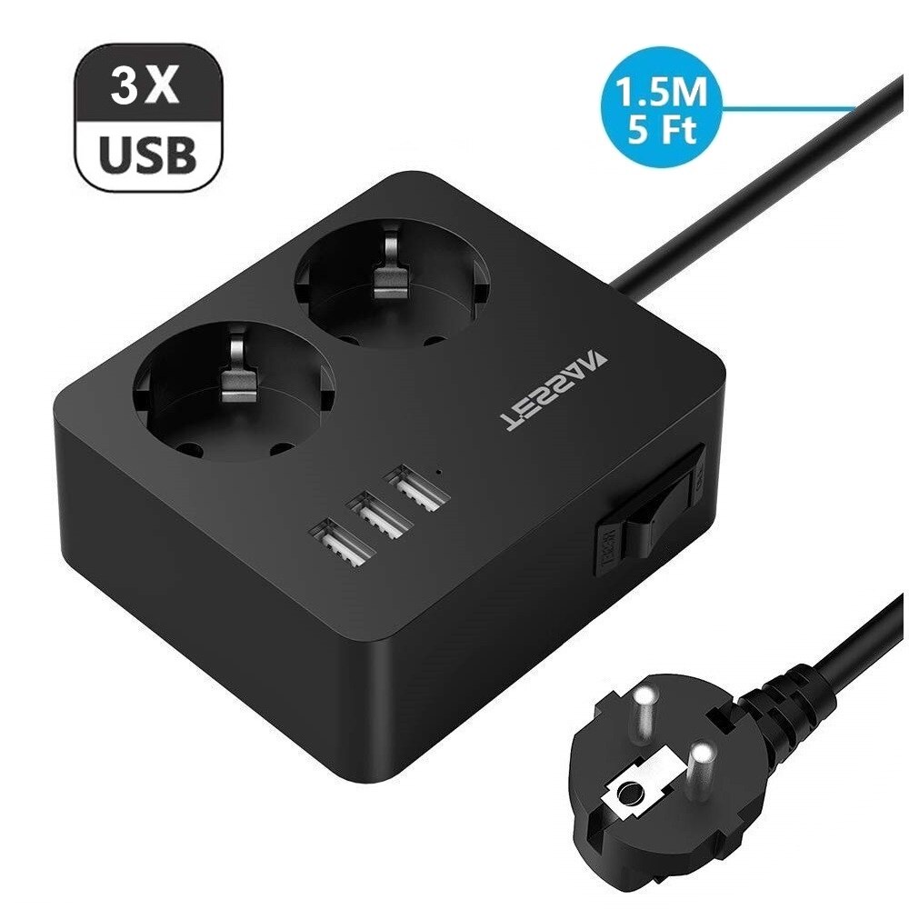 TESSAN EU Plug Stekkerdoos Multi Plug USB Socket met Schakelaar en 5/6. 5 ft Verlengsnoer: Grijs