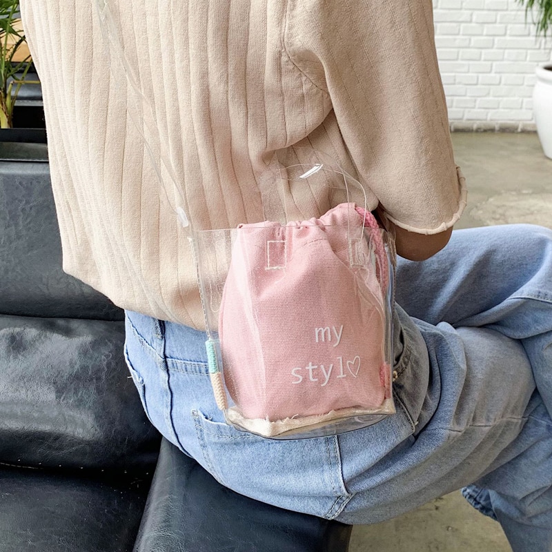 Unik gjennomsiktig bøtteveske og 2 i 1 skulderveske crossbody bag bredde 12cm høyde 14cm tykkelse 8cm