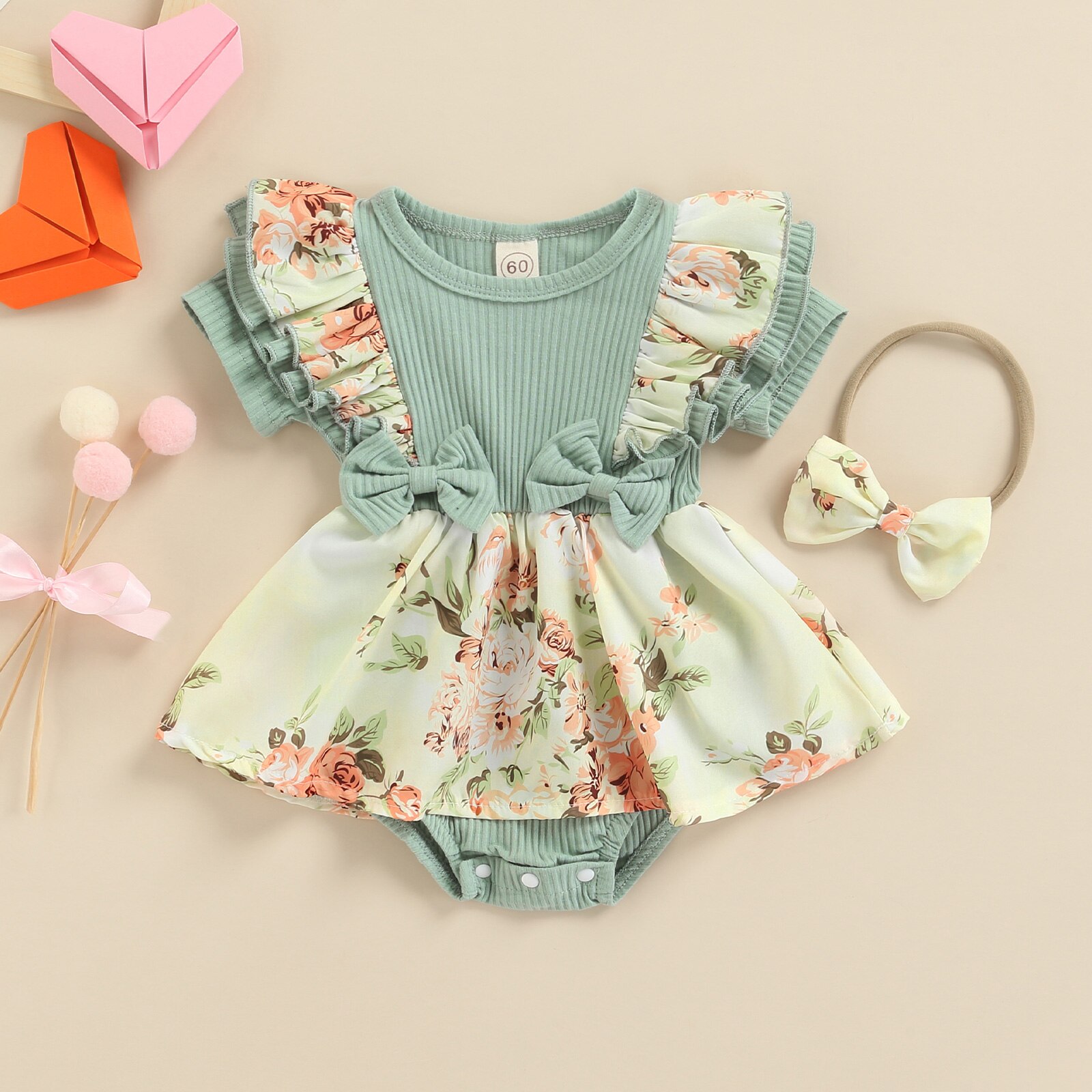 Ensemble 3 pièces pour bébés filles, vêtements imprimés floraux, en coton tricoté, manches courtes, bretelles, bandeau, tenue