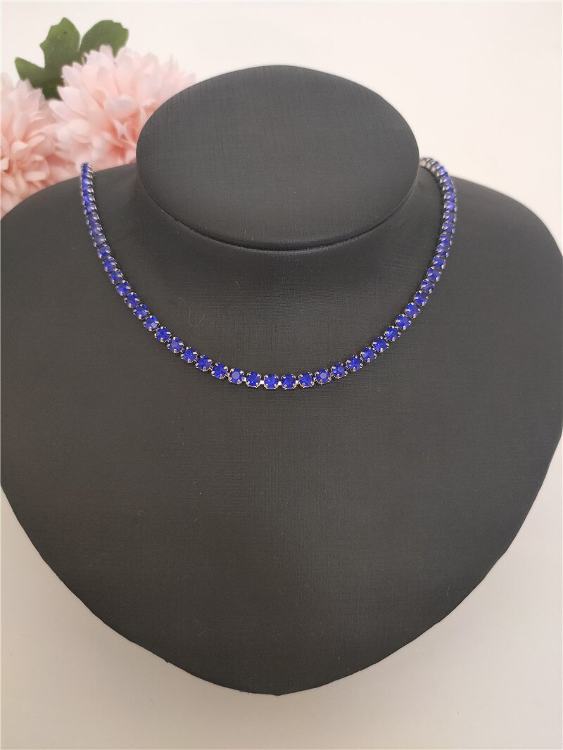 Collar de cadena de tenis para mujer, gargantilla de cristal, collar de Torques, joyería de , cadena de diamantes de imitación de Color plateado de una pieza: Dark Blue