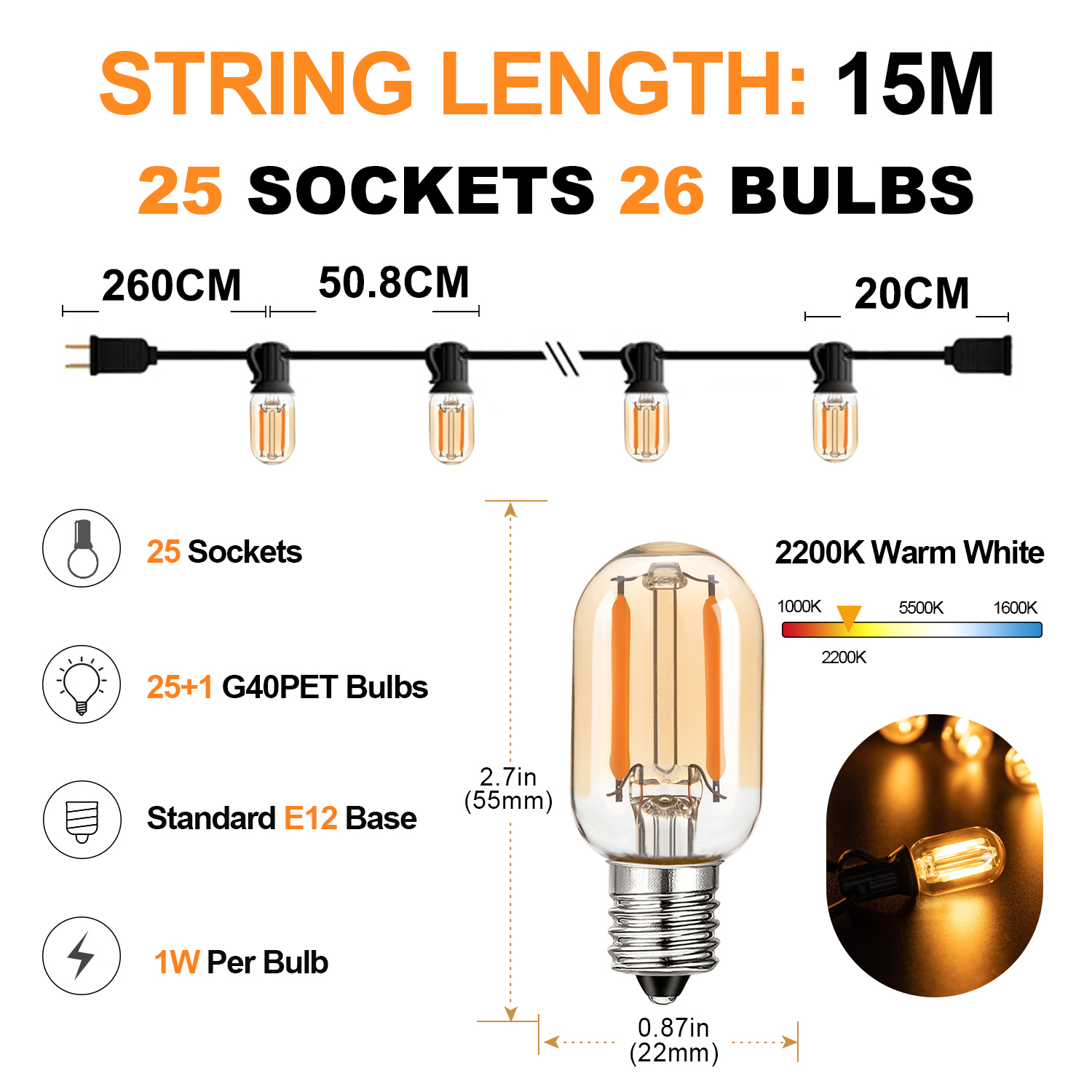 Amber T22 1W String Lights Led 220V 110V Garland Street Light Bulb E12 Waterproof Connectable Outdoor Garden Wedding Decoration: Red / Eu plug