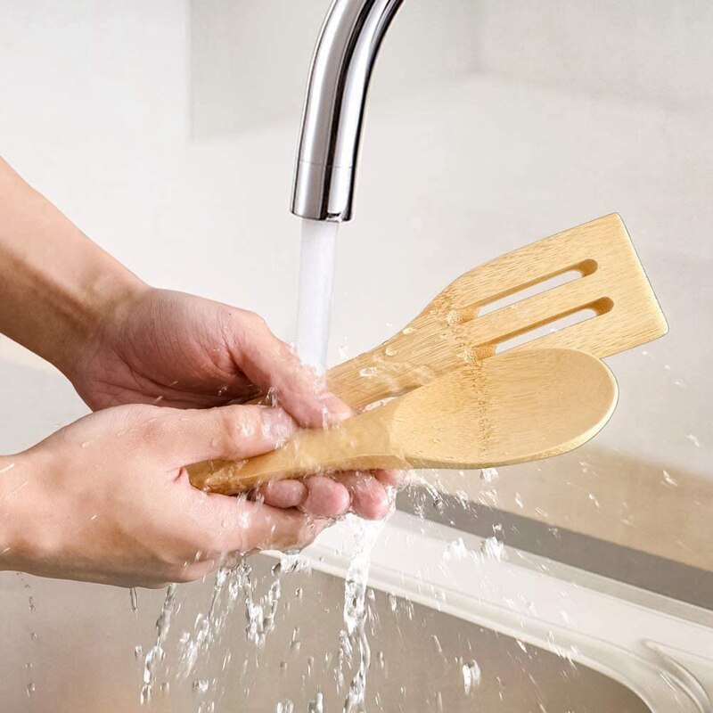 Bamboo Kitchen Utensils Set - Cooking Spoons 6 Pcs Cooking Utensils With Holder,Nonstick Heat Resistan Spatula Fork