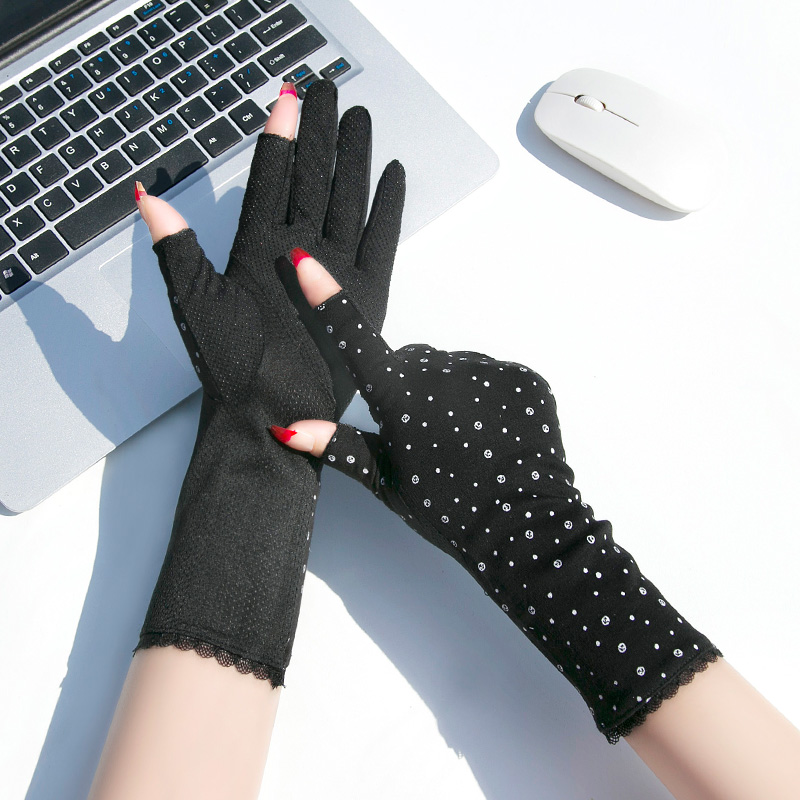 2025 Summer Women's gloves Thin Mid Length Cotton Sun Protection Driving Gloves Fingerless gloves for Women: Blue