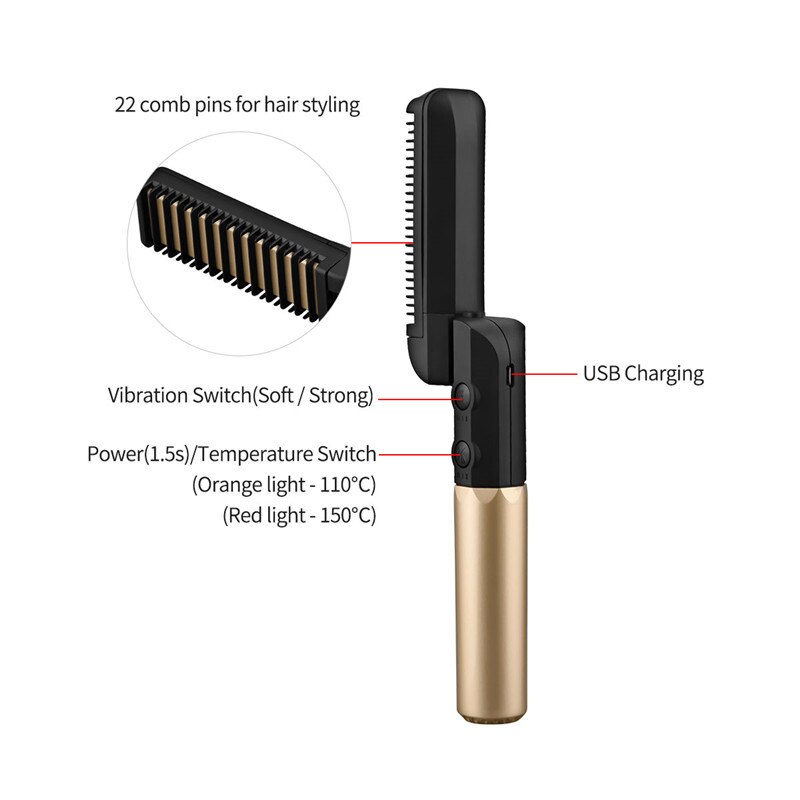 Peine alisador de barba plegable para hombre, plancha de pelo con vibración inalámbrica, cepillo eléctrico para alisar, Peinador rápido 45