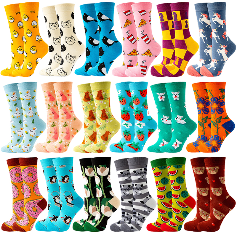 1 par de calcetines de flores para Mujer, fresa, sandía, fruta, Chaussette, Animal, estilo Harajuku, Calcitinas felices de algodón para Mujer